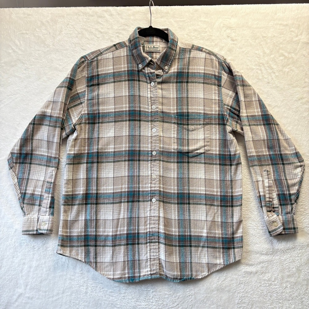 VTG LL Bean Flannel Shirt Women‎ Sz Medium Beige Plaid Northwoods Button Down